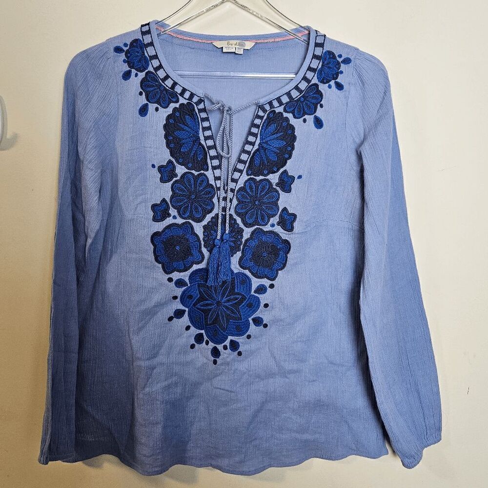 Boden Embroidered Allegra Tunic Split V Neck Long Sleeve Tie Tassel Women Blue S